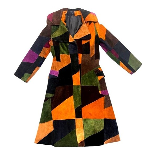 Vintage 70's Leather Suede Patchwork Hippie Boho Snap Button Long Jacket Coat 12 - Picture 10 of 16